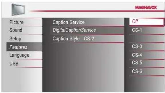 MAGNAVOX Picture Caption Service Off Sound DigitalCaptionService CS-1 Setup Caption Style CS-2 Features CS-3 Language CS-4 USB CS-5 CS-6