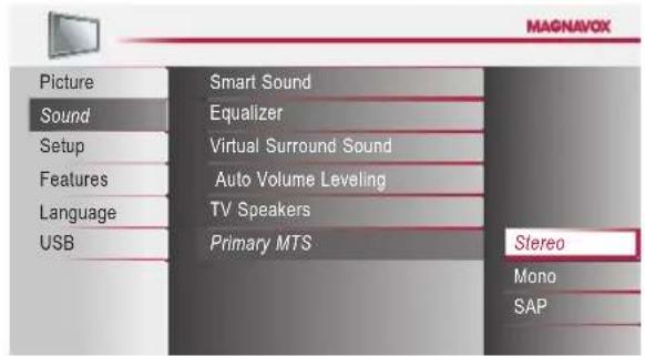 MAGNAVOX Picture Sound Setup Features Language USB Smart Sound Equalizer Virtual Surround Sound Auto Volume Leveling TV Speakers Primary MTS Stereo Mono SAP