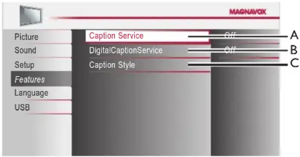 MAGNAVOX Picture Caption Service Off A Sound DigitalCaptionService Off B Setup Caption Style C Features Language USB