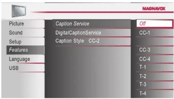 MAGNAVOX Picture Caption Service Off Sound DigitalCaptionService CC-1 Setup Caption Style CC-2 Features CC-3 Language CC-4 USB T-1 T-2 T-3 T-4