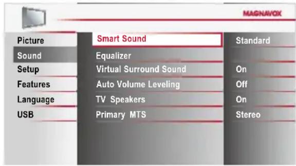 MAGNAVOX Picture Smart Sound Standard Sound Equalizer Setup Virtual Surround Sound On Features Auto Volume Leveling Off Language TV Speakers On USB Primary MTS Stereo