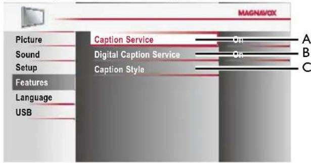 MAGNAVOX Picture Caption Service On A Sound Digital Caption Service On B Setup Caption Style C Features Language USB