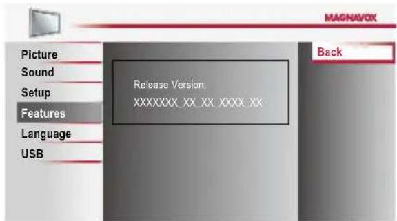 MAGNAVOX Picture Sound Setup Features Language USB Release Version: XXXXXXXX_XX_XX_XXXX_XX Back