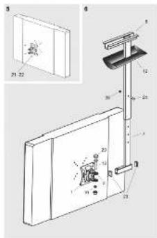 Technical diagram of a wall-mounted device with labeled components and parts, including numbered parts and a magnified inset showing internal structure.