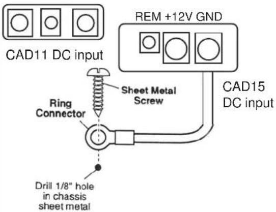 CAD11 DC input REM +12V GND Sheet Metal Screw CAD15 DC input Ring Connector Drill 1/8" hole in chassis sheet metal