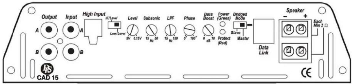 Output Input High Input A B CAD 15 HI/Level Low/Level Level Subsonic LPF Phase Bass Boost Power (Green) Bridged Mode Slave Master Data Link Speaker + Each Min 2 Ω 0 dB 18 dB 18 Protect (Red) 0° 180° 15 Hz 50 15 Hz 150 5V 6.15V 5V 6.15V 0° 180° 0° 180° 15 Hz 50 15 Hz 150 15 Hz 180°