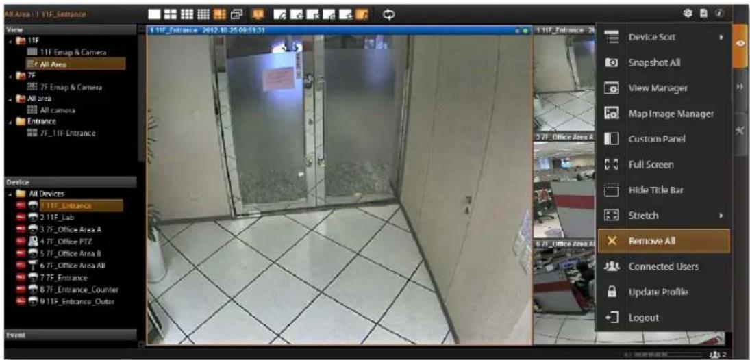 All Area: 1.11F_Entrance View 11F 11F_Emap & Camera All Area 7F 7F_Emap & Camera All area All camera Entrance 7F_11F_Entrance Device All Devices 1.11F_Entrance 2.11F_Lab 3.7F_Office_Area A 4.7F_Office_PTZ 5.7F_Office_Area B 6.7F_Office_Area All 7.7F_Entrance 8.7F_Entrance_Counter 9.11F_Entrance_Outor Event 1.11F_Ftrance 2012 10:25 06:51:31 Device Sort Snapshot All View Manager Map Image Manager Custom Panel Full Screen Hide Title Bar Stretch Remove All Connected Users Update Profile Logout