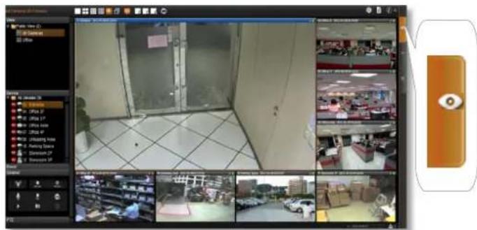 Screenshot of a surveillance camera interface displaying multiple surveillance feeds and a central display with Chinese text labels.
