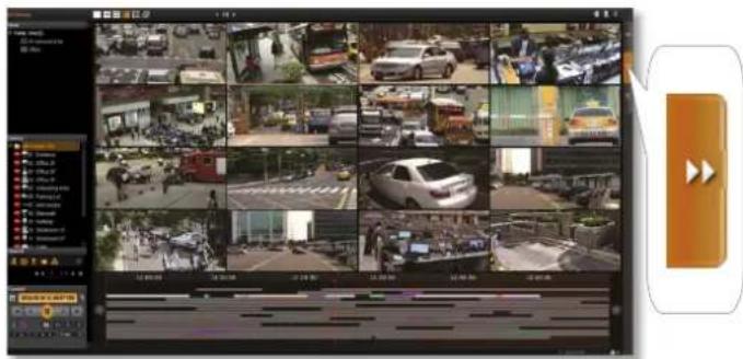Screenshot of a video surveillance system interface displaying multiple surveillance feeds and vehicle images, with a play button on the right.