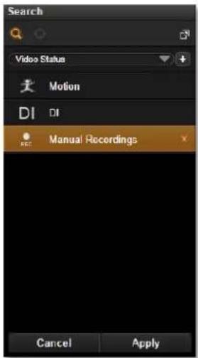 Search Video Status Motion DI DI Manual Recordings Cancel Apply