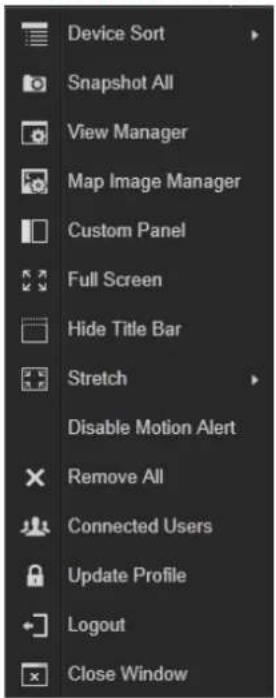 Device Sort Snapshot All View Manager Map Image Manager Custom Panel Full Screen Hide Title Bar Stretch Disable Motion Alert Remove All Connected Users Update Profile Logout Close Window