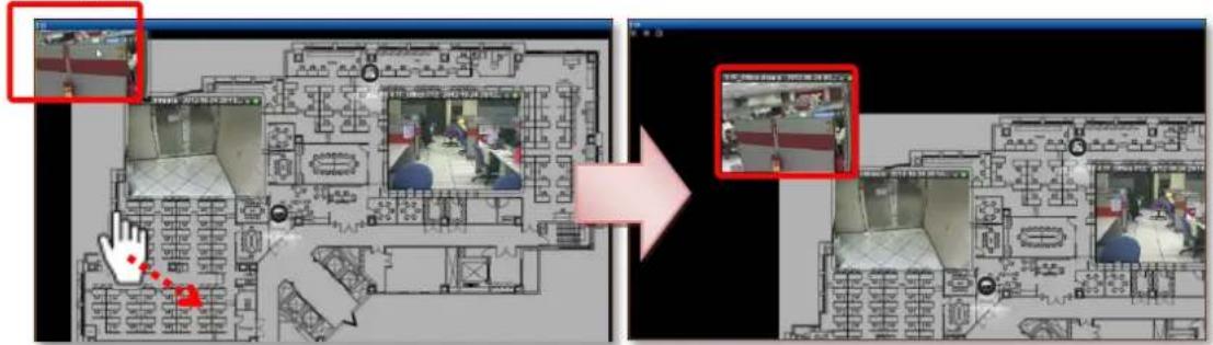 Screenshot of a 3D floor plan editing interface showing interior layout before and after transformation, with zoomed-in insets highlighting specific locations.