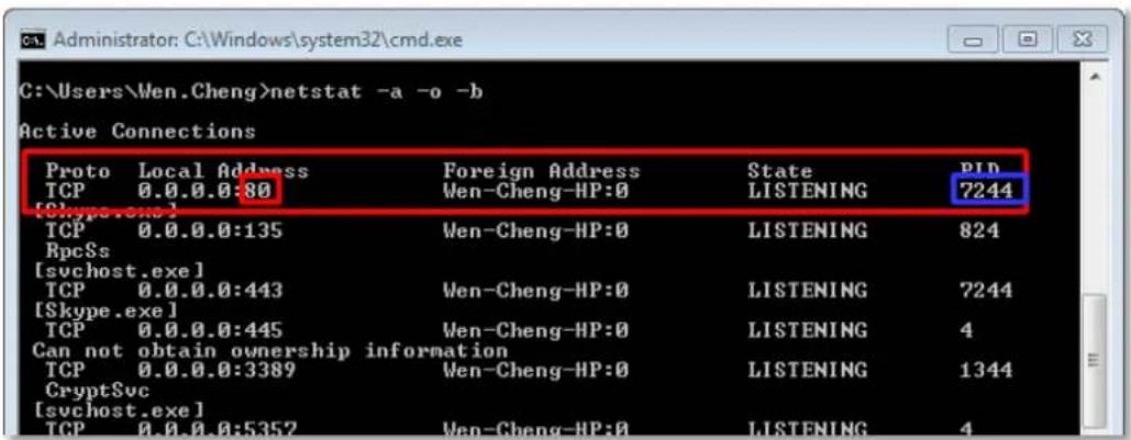 C:\Users\Wen.Cheng>netstat -a -o -b Active Connections Proto Local Address Foreign Address State PID TCP 0.0.0.0:80 Wen-Cheng-HP:0 LISTENING 7244 [Skype.exe] TCP 0.0.0.0:135 Wen-Cheng-HP:0 LISTENING 824 RpcSs [svchost.exe] TCP 0.0.0.0:443 Wen-Cheng-HP:0 LISTENING 7244 [Skype.exe] TCP 0.0.0.0:445 Wen-Cheng-HP:0 LISTENING 4 Can not obtain ownership information TCP 0.0.0.0:3389 Wen-Cheng-HP:0 LISTENING 1344 CryptSvc [svchost.exe] TCP 0.0.0.0:5352 Wen-Cheng-HP:0 LISTENING 4
