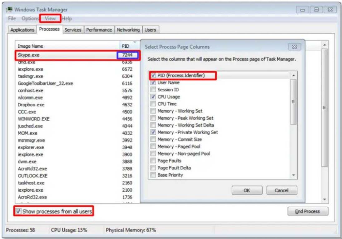 Windows Task Manager File Options View Help Applications Processes Services Performance Networking Users Image Name PID Skype.exe 7244 cmd.exe 6936 iexplore.exe 6672 taskmgr.exe 6304 GoogleToolbarUser_32.exe 6116 conhost.exe 5576 wlcomm.exe 4892 Dropbox.exe 4632 CCC.exe 4500 WINWORD.EXE 4456 jusched.exe 4044 MOM.exe 4032 msnmsgr.exe 3992 explorer.exe 3948 iexplore.exe 3900 dwm.exe 3888 AcroRd32.exe 3788 OUTLOOK.EXE 3216 taskhost.exe 2160 iexplore.exe 2100 AcroRd32.exe 1736 Select Process Page Columns Select the columns that will appear on the Process page of Task Manager. PID (Process Identifier) User Name Session ID CPU Usage CPU Time Memory - Working Set Memory - Peak Working Set Memory - Working Set Delta Memory - Private Working Set Memory - Commit Size Memory - Paged Pool Memory - Non-paged Pool Page Faults Page Fault Delta Base Priority Show processes from all users OK Cancel End Process Processes: 58 CPU Usage: 15% Physical Memory: 67%