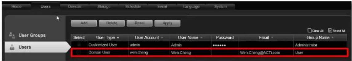 Home Users Devices Storage Scheduler Event Language System Add Delete Reset Apply User Groups Users Select User Type User Account User Name Password Email Group Name Customized User admin Admin ******** Administration Domain User wen.cheng Wen.Cheng Wen.Cheng@ACTI.com User