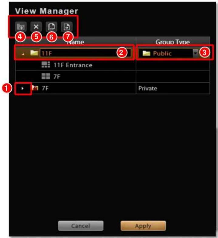 View Manager ④ ⑤ ⑥ ⑦ Name Group Type 11F 2 Public ③ 11F Entrance 7F 7F Private ① Cancel Apply