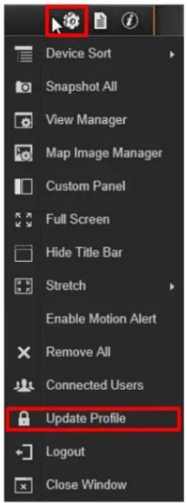 Device Sort Snapshot All View Manager Map Image Manager Custom Panel Full Screen Hide Title Bar Stretch Enable Motion Alert Remove All Connected Users Update Profile Logout Close Window