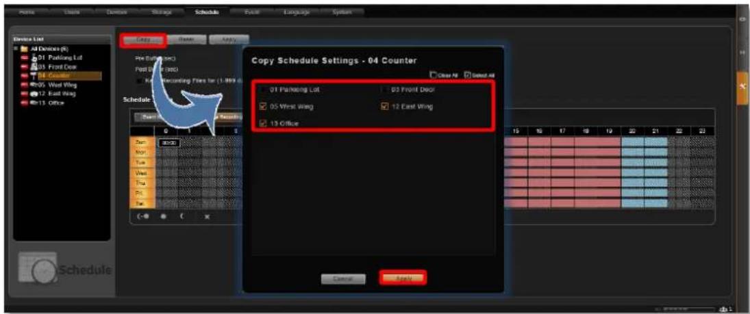 Copy Schedule Settings - 04 Counter 01 Parking Lot 03 Front Deck 05 West Wing 12 East Wing 13 Office Copy Schedule Settings - 04 Counter 01 Parking Lot 03 Front Deck 05 West Wing 12 East Wing 13 Office Cancel Apply