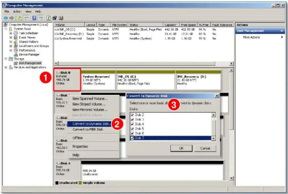Computer Management File Action View Help Volume Layout Type File System Status Capacity Free Space % Free Fault Tolerance DNR_OS (C:) Simple Dynamic NTPS Healthy (Boot, Page File) 442.36 GB 422.53 GB 95 % No TMP_Recovery (D:) Simple Dynamic NTPS Healthy 21.41 GB 17.21 GB 80 % No System Reserved Simple Dynamic NTPS Healthy (System) 1.99 GB 1.96 GB 99 % No Disk 0 Dynamic 465.76 GB Online System Reserved INR_OS (C:) INR_Recovery (D:) 21.41 GB NTPS Healthy Basic New Spanned Volume... Select one or more basic disk to dynamic disks. 931.31 C New Striped Volume... Disk Online New Mirrored Volume... Disk 4 New RAID-S Volume... Disk Convert to Dynamic Disk. 595.94 C Convert to MBR Disk Online Offline Disk Properties Disk 7 Basic Properties 465.56 C Help Disk 4 Basic 595.94 GB Unallocated Unallocated simple volume Actions Disk Management More Actions