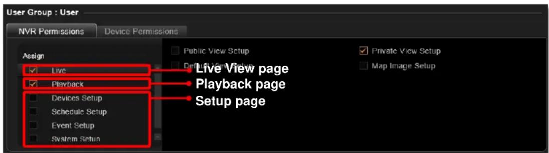 User Group : User NVR Permissions Device Permissions Assign ✓ Live ✓ Playback □ Devices Setup □ Schedule Setup □ Event Setup □ System Setup Public View Setup ✓ Private View Setup Default View Setup Map Image Setup Live View page Playback page Setup page