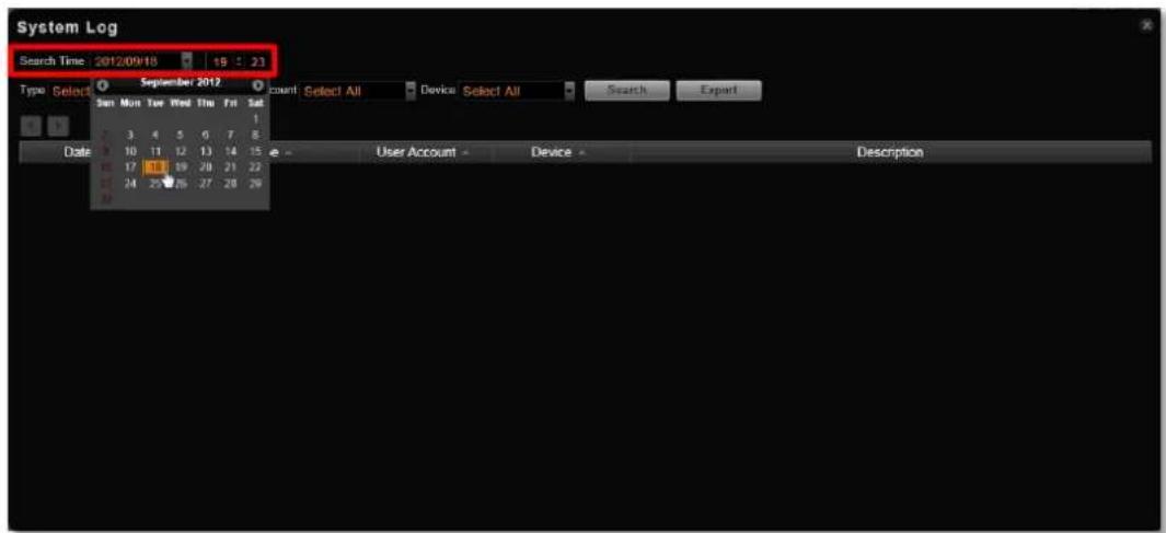 System Log Search Time 2012/09/18 15:23 Type Select September 2012 Count Select All Device Select All Search Export Sun Mon Tue Wed Thu Fri Sat 1 2 3 4 5 6 7 8 9 10 11 12 13 14 15 16 17 18 19 20 21 22 23 24 25 26 27 28 29 Date User Account Device Description