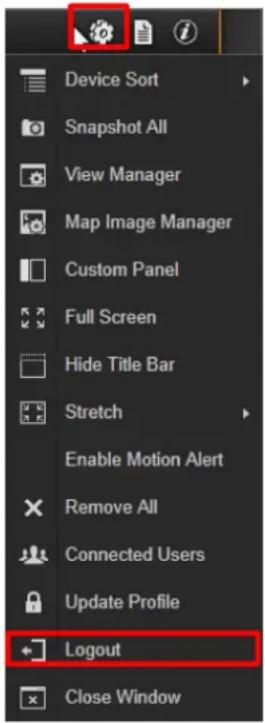 Device Sort Snapshot All View Manager Map Image Manager Custom Panel Full Screen Hide Title Bar Stretch Enable Motion Alert Remove All Connected Users Update Profile Logout Close Window