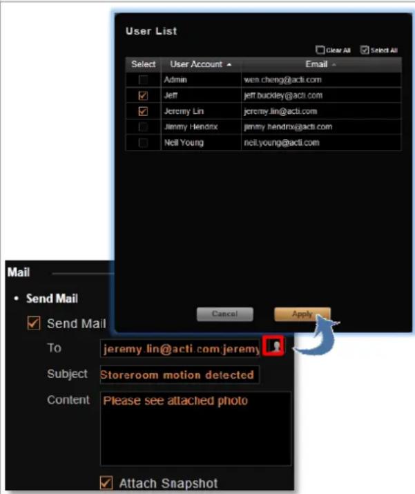 User List Select User Account Email Admin wen.cheng@acti.com Jeff jeff.buckley@acti.com Jeremy Lin jeremy.lin@acti.com Jimmy Hendrx jimmy.hendrx@acti.com Neil Young neil.young@acti.com Mail Send Mail Send Mail To jeremy lin@acti com jeremy Subject Storeroom motion detected Content Please see attached photo Attach Snapshot