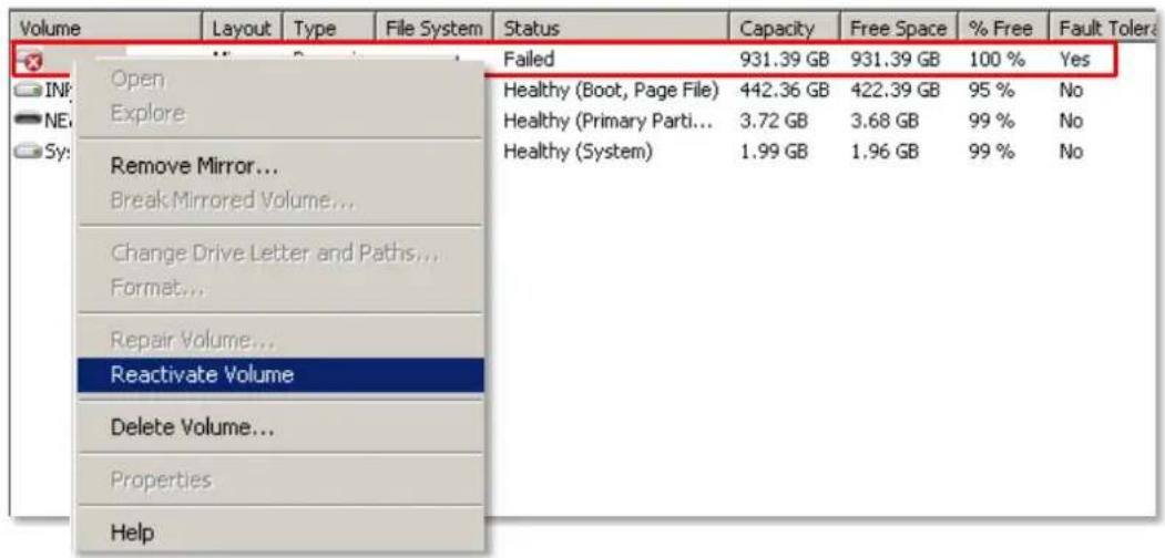 Volume Open Explore Remove Mirror... Break Mirrored Volume... Change Drive Letter and Paths... Format... Repair Volume... Reactivate Volume Delete Volume... Properties Help Status Failed Healthy (Boot, Page File) Healthy (Primary Parti... Healthy (System) 931.39 GB 442.36 GB 3.72 GB 1.99 GB Capacity 931.39 GB 422.39 GB 3.68 GB 1.96 GB % Free 100 % 95 % 99 % 99 % Yes No No No Yes No Yes No