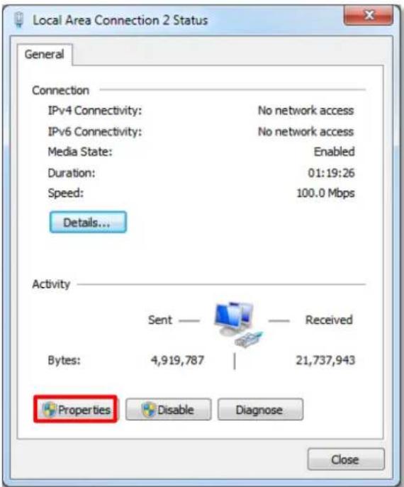 Local Area Connection 2 Status General Connection IPv4 Connectivity: No network access IPv6 Connectivity: No network access Media State: Enabled Duration: 01:19:26 Speed: 100.0 Mbps Details... Activity Sent — Received Bytes: 4,919,787 | 21,737,943 Properties Disable Diagnose Close