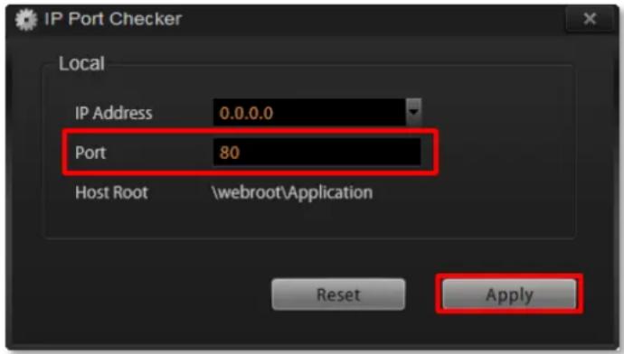 IP Port Checker Local IP Address 0.0.0.0 Port 80 Host Root \webroot\Application Reset Apply