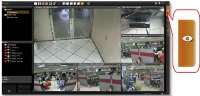 Screenshot of a surveillance camera interface with multiple surveillance feeds and a close-up of an orange device labeled 'O' in the corner.