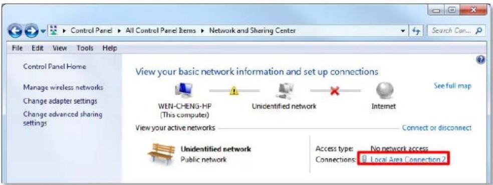 Control Panel All Control Panel Items Network and Sharing Center File Edit View Tools Help Control Panel Home Manage wireless networks Change adapter settings Change advanced sharing settings View your basic network information and set up connections WEN-CHENG-HP (This computer) Unidentified network Internet View your active networks Connect or disconnect Unidentified network Public network Access type: No network access Connections: Local Area Connection 2
