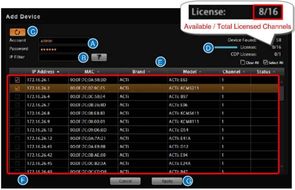 Add Device License: 8/16 Available / Total Licensed Channels Account admin Password IP Filter Device Found: 58 License: 8/16 CDP License: 0/1 Clear All Select All IP Address MAC Brand Model Channel Status ✓ 172.16.26.1 00:0F:7C:0A:58:3D ACTi ACTi: E63 1 ✓ 172.16.26.2 00:0F:7C:07:9C:F5 ACTi ACTi: KCM5211 1 □ 172.16.26.4 00:0F:7C:0C:5B:E4 ACTi ACTi: B97 1 □ 172.16.26.7 00:0F:7C:0B:36:8D ACTi ACTi: E96 1 □ 172.16.26.8 00:0F:7C:0B:E8:B3 ACTi ACTi: KCM5611 1 □ 172.16.26.9 00:0F:7C:00:00:01 ACTi ACTi: KCM8111 1 □ 172.16.26.10 00:0F:7C:09:D6:BD ACTi ACTi: D54 1 □ 172.16.26.12 00:0F:7C:0A:7A:21 ACTi ACTi: E41A 1 □ 172.16.26.41 00:0F:7C:0A:E8:BB ACTi ACTi: D12 1 □ 172.16.26.42 00:0F:7C:0B:AE:80 ACTi ACTi: E94 1 □ 172.16.26.45 00:0F:7C:0C:B2:3A ACTi ACTi: E24A 1 □ 172.16.26.49 00:0F:7C:0C:C0:D8 ACTi ACTi: B47 1 Cancel Apply G