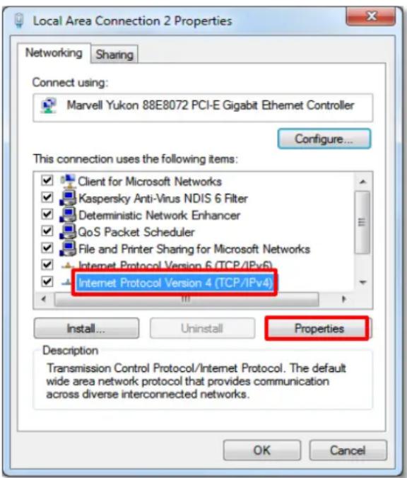 Local Area Connection 2 Properties Networking Sharing Connect using: Marvell Yukon 88E8072 PCI-E Gigabit Ethernet Controller Configure... This connection uses the following items: Client for Microsoft Networks Kaspersky Anti-Virus NDIS 6 Filter Deterministic Network Enhancer QoS Packet Scheduler File and Printer Sharing for Microsoft Networks Internet Protocol Version 6 (TCP/IPv6) Internet Protocol Version 4 (TCP/IPv4) Install... Uninstall Properties Description Transmission Control Protocol/Internet Protocol. The default wide area network protocol that provides communication across diverse interconnected networks. OK Cancel