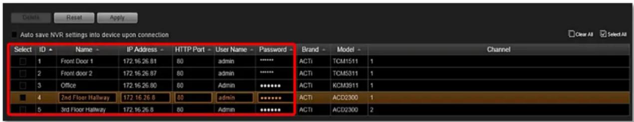 Delete Reset Apply Auto save NVR settings into device upon connection Select ID Name IP Address HTTP Port User Name Password Brand Model Channel 1 Front Door 1 172.16.26.81 80 admin ***** 2 Front door 2 172.16.26.87 80 admin ***** 3 Office 172.16.26.80 60 Admin ***** 4 2nd Floor Hallway 172.16.26.8 80 admin ***** 5 3rd Floor Hallway 172.16.26.8 60 Admin ***** ACTi TCM1511 1 ACTi TCM5311 1 ACTi KCM3911 1 ACTi ACD2300 1 ACTi ACD2300 2