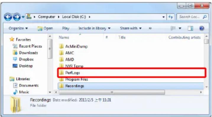 Computer > Local Disk (C:) Organize Open Play Include in library Share with Favorites Recent Places Downloads Dropbox Desktop Libraries Documents Music Name AcMiniDump AMC AMD NYR Tcmp PerfLogs Program Files Recordings Contributing artists Recordings Date modified: 2013/2/5 上午 11:31 File folder