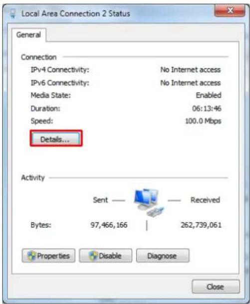 Local Area Connection 2 Status General Connection IPv4 Connectivity: No Internet access IPv6 Connectivity: No Internet access Media State: Enabled Duration: 06:13:46 Speed: 100.0 Mbps Details... Activity Sent —— Received Bytes: 97,466,166 | 262,739,061 Properties Disable Diagnose Close