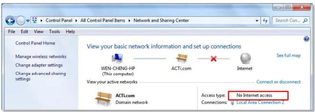 Control Panel > All Control Panel Items > Network and Sharing Center File Edit View Tools Help Control Panel Home Manage wireless networks Change adapter settings Change advanced sharing settings View your basic network information and set up connections WEN-CHENG-HP (This computer) ACTi.com Internet See full map View your active networks Connect or disconnect ACTi.com Domain network Access type: No Internet access Connections: Local Area Connection 2