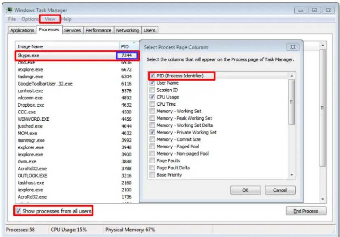 Windows Task Manager File Options View Help Applications Processes Services Performance Networking Users Image Name PID Skype.exe 7244 cmd.exe 6936 iexplore.exe 6672 taskmgr.exe 6304 GoogleToolbarUser_32.exe 6116 conhost.exe 5576 wlcomm.exe 4892 Dropbox.exe 4632 CCC.exe 4500 WINWORD.EXE 4456 jusched.exe 4044 MOM.exe 4032 msnmsgr.exe 3992 explorer.exe 3948 iexplore.exe 3900 dwm.exe 3888 AcroRd32.exe 3788 OUTLOOK.EXE 3216 taskhost.exe 2160 iexplore.exe 2100 AcroRd32.exe 1736 Select Process Page Columns Select the columns that will appear on the Process page of Task Manager. PID (Process Identifier) User Name Session ID CPU Usage CPU Time Memory - Working Set Memory - Peak Working Set Memory - Working Set Delta Memory - Private Working Set Memory - Commit Size Memory - Paged Pool Memory - Non-paged Pool Page Faults Page Fault Delta Base Priority Show processes from all users OK Cancel End Process Processes: 58 CPU Usage: 15% Physical Memory: 67%