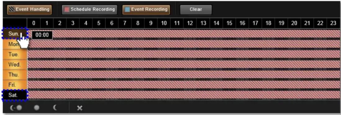Event Handling Schedule Recording Event Recording Clear 0 1 2 3 4 5 6 7 8 9 10 11 12 13 14 15 16 17 18 19 20 21 22 23 Sun. 00:00 Mon. Tue. Wed. Thu. Fri. Sat.