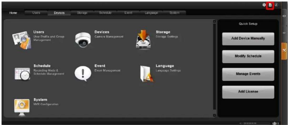 Home Users Devices Storage Schedule Event Language System Users User Profile and Group Management Devices Camera Management Storage Storage Settings Schedule Recording Mode & Schedule Management Event Event Management Language Language Settings System NVR Configuration Quick Setup Add Device Manually Modify Schedule Manage Events Add License