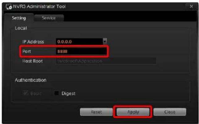 NVR3 Administrator Tool Setting Service Local IP Address 0.0.0.0 Port $898 Host Root Webroof/Application Authentication Basic Digest Reset Apply Close