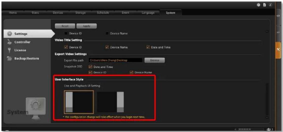 Home Users Devices Storage Schedule Event Language System Reset Apply Settings Controller License Backup/Restore Device ID Device Name Video Title Setting Device ID Device Name Date and Time Export Video Settings Export file path CAUsers\Wen.Cheng\Desktop Browse Snapshot OSO Date and Time Device ID Device Name User Interface Style Live and Playback UI Setting. * The configuration change will take effect when you login next time.