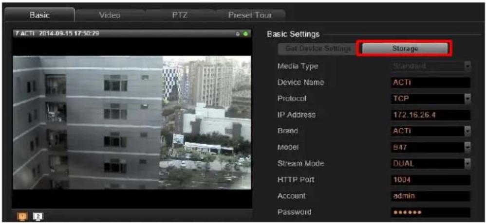 Basic Video PTZ Preset Tour T ACTI 2014.09.15 17:50:29 Basic Settings Get Device Settings Storage Media Type Standard Device Name ACTi Protocol TCP IP Address 172.16.26.4 Brand ACTi Model B47 Stream Mode DUAL HTTP Port 1004 Account admin Password ****