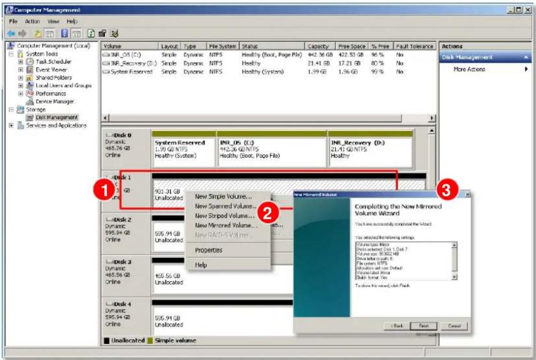 Computer Management File Action View Help Volume Layout Type File System Status Capacity Free Space % Free Fault Tolerance □ NTM_OS (C:) Simple Dynamic NTPS Healthy (Boot, Page Flo) 442.36 GB 422.53 GB 95% No □ NTM_Recovery (D:) Simple Dynamic NTPS Healthy 21.41 GB 17.21 GB 80% No □ System Reserved Simple Dynamic NTPS Healthy (System) 1.99 GB 1.86 GB 99% No Actions Disk Management More Actions 1 Disk 0 Dynamic: 465.76 GB Online System Reserved INR_OS (C:) INR_Recovery (D:) 21.41 GB NTPS Healthy 1.99 GB NTPS 442.36 GB NTPS Healthy (System) Healthy (Boot, Page Flo) 931.31 GB Unallocated New Simple Volume... New Spanned Volume... New Striped Volume... New Mirrored Volume... New RACD-5 Volume... Properties Help 1 Disk 2 Dynamic: 595.94 GB Online 595.94 GB Unallocated New Mirrored Volume... New Mirrored Volume... New RACD-5 Volume... New Mirrored Volume... New Mirrored Volume... New Mirrored Volume... New Mirrored Volume... New Mirrored Volume... New Mirrored Volume... New Mirrored Volume... New Mirrored Volume... New Mirrored Volume... New Mirrored Volume... New Mirrored Volume... New Mirrored Volume... New Mirrored Volume... New Mirrored Volume... New Mirrored Volume... New Mirrored Volume... New Mirrored Volume... New Mirrored Volume... New Mirrored Volume... New Mirrored Volume... New Mirsed Volume... New Mirsed Volume... New Mirsed Volume... New Mirsed Volume... New Mirsed Volume... New Mirsed Volume... New Mirsed Volume... New Mirsed Volume... New Mirsed Volume... New Mirsed Volume... New Mirsed Volume... New Mirsed Volume... New Mirsed Volume... New Mirsed Volume... New Mirsed Volume... New Mirsed Volume... New Mirsed Volume... New Mirsed Volume... New Mirsed Volume... New Mirsed Volume... New Mirsted Volume... New Mirsted Volume... New Mirsted Volume... New Mirsted Volume... New Mirsted Volume... New Mirsted Volume... New Mirsted Volume... New Mirsted Volume... New Mirsted Volume... New Mirsted Volume... New Mirsted Volume... New Mirsted Volume... New Mirsted Volume... New Mirsted Volume... New Mirsted Volume... New Mirsted Volume... New Mirsted Volume... New Mirsted Volume... New Mirsted Volume... New Mirsted Volume... New Mirsed Volume... New Mirsed Volume... New Mirsed Volume... New Mirsed Volume... New Mirsed Volume... New Mirsed Volume... New Mirsed Volume... New Mirsed Volume... New Mirsed Volume... New Mirsed Volume... New Mirsed Volume... New Mirsed Volume... New Mirsed Volume... New Mirsed Volume... New Mirsed Volume... New Mirsed Volume... New Mirsed Volume... New Mirsed Volume... New Mirsed Volume... New Mirshed Volume You have successfully completed the Wizard. You select the following settings: Volume type: None Data selected: Disk 1. Disk 7 Volume size: 95362 MB Drive Mio or both E: File system: NTPS Allocation unit use Default Volume label: None Disk format: Yes To share this version, click Finish Disk format: Yes Unallocated Simple volume