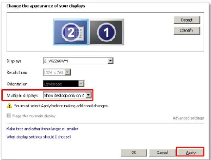 Change the appearance of your displays Display: 2. VX2260WM Resolution: 1024 x 768 Orientation: Landscape Multiple displays: Show desktop only on 2 You must select Apply before making additional changes. Make this main display Advanced settings Make text and other items larger or smaller What display settings should I choose? OK Cancel Apply
