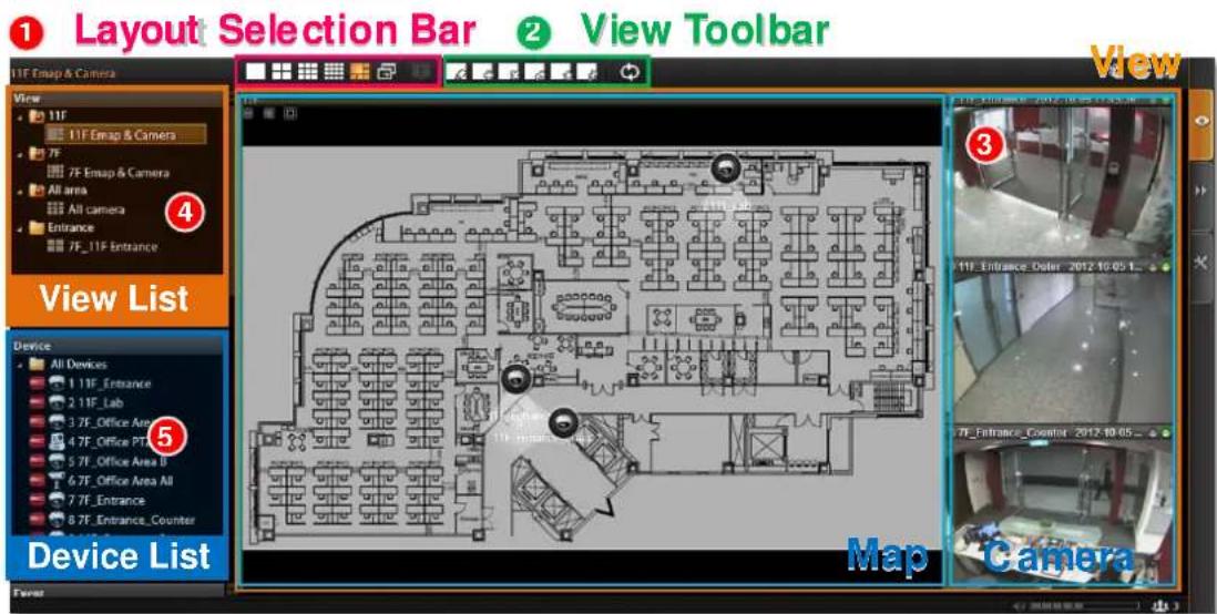1 Layout Selection Bar 2 View Toolbar 11F Emap & Camera View 11F 11F Emap & Camera 7F 7F_Emap & Camera All areas All camera Entrance 7F_11F Entrance View List Device All Devices 1 11F_Entrance 2 11F_Lab 3 7F_Office Area 4 7F_Office PT 5 7F_Office Area B 6 7F_Office Area All 7 7F_Entrance 8 7F_Entrance Counter Device List Formet 3 11F_Entrance_Dater 2012-10-05 L... 7F_Entrance_Counter 2012-10-05 ... Map Camera