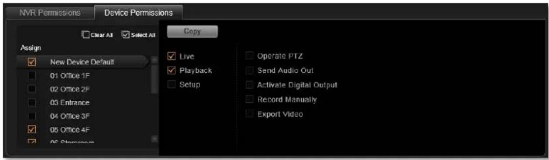NVR Permissions Device Permissions Clear All Select All Assign New Device Default 01 Office 1F 02 Office 2F 03 Entrance 04 Office 3F 05 Office 4F 06 Classroom Copy Live Playback Setup Operate PTZ Send Audio Out Activate Digital Output Record Manually Export Video