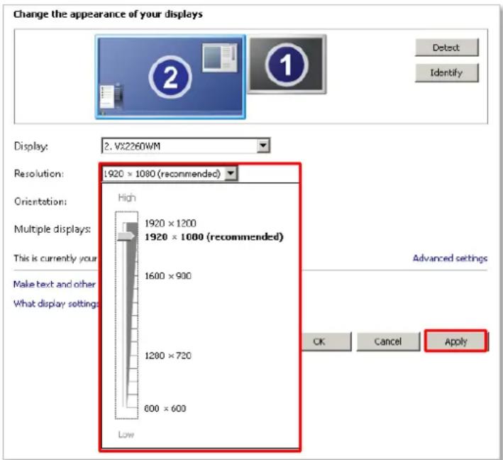 Change the appearance of your displays Display: 2. VX2260WM Resolution: 1920 × 1080 (recommended) Orientation: Multiple displays: 1920 × 1200 1920 × 1000 (recommended) This is currently your Make text and other What display settings: High 1600 × 900 1280 × 720 600 × 600 Low Advanced settings OK Cancel Apply