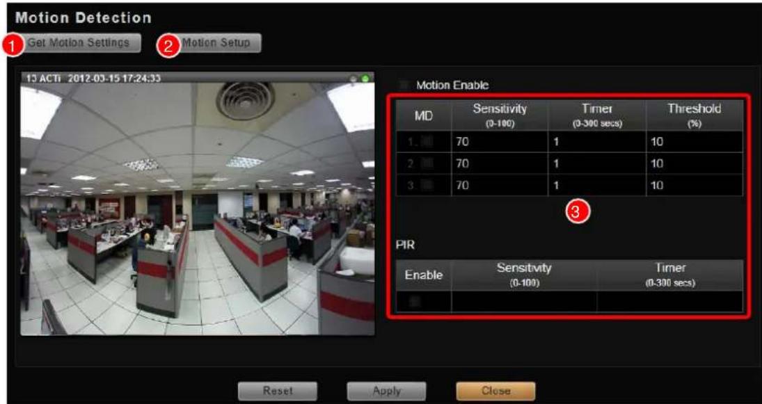 Motion Detection ① Get Motion Settings ② Motion Setup 13 ACTi 2012-03-15 17:24:33 Motion Enable MD Sensitivity Timer Threshold (0-100) (0-300 secs) (%) 1. 70 1 10 2. 70 1 10 3. 70 1 10 PIR Enable Sensitivity Timer (0-100) (0-300 secs) Reset Apply Close